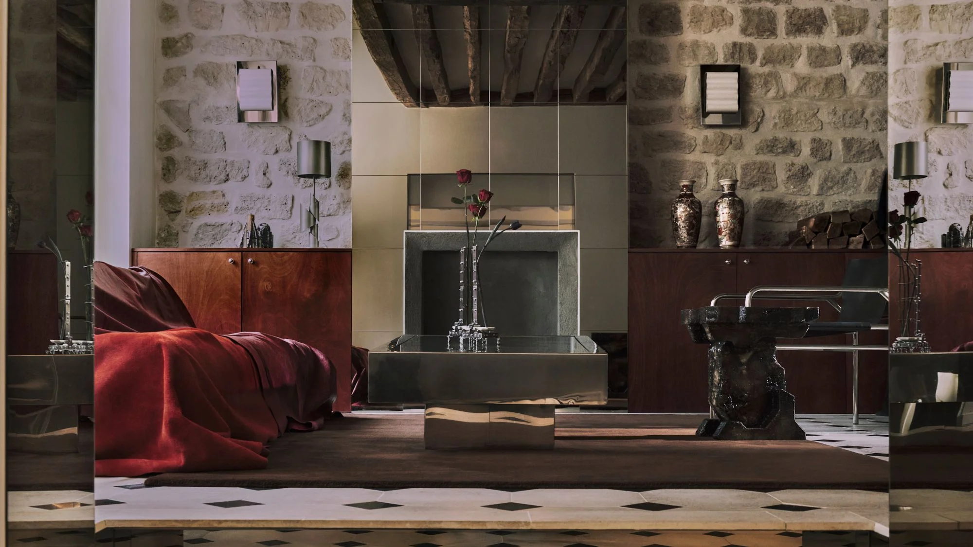 Image may contain Floor Indoors Interior Design Home Decor Flooring Lamp Fireplace and Sink