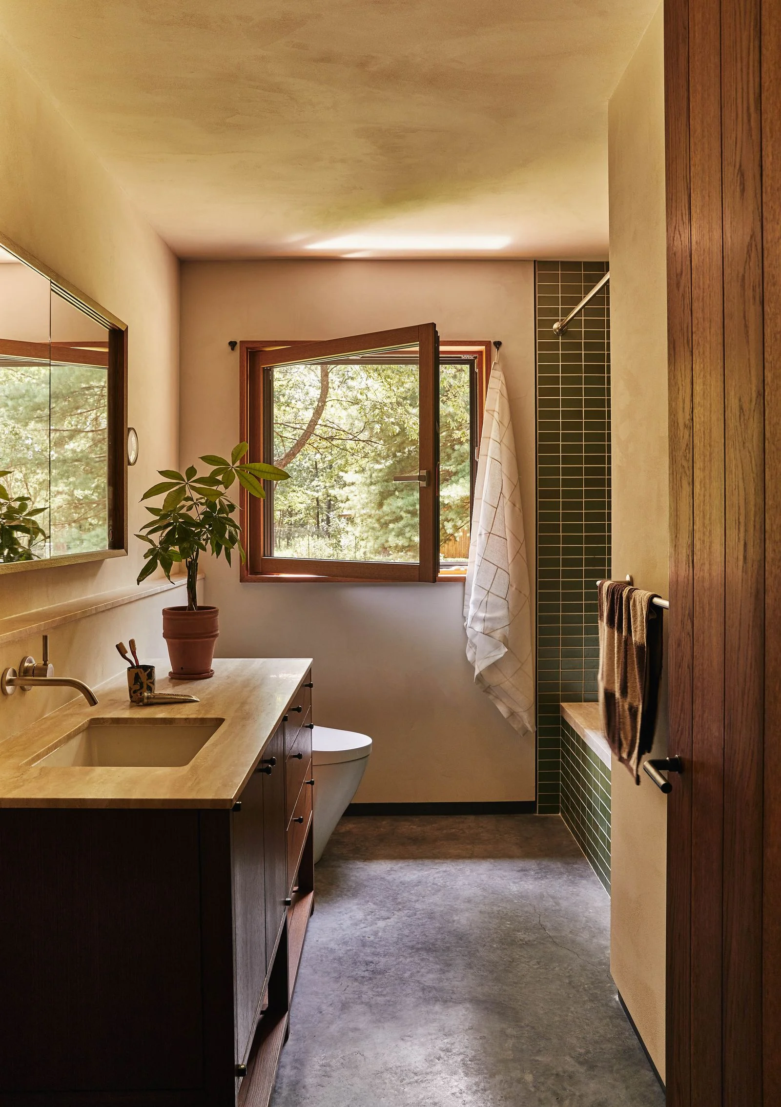 Image may contain Sink Plant Indoors Interior Design Sink Faucet Corner Bathroom Room Toilet and Window