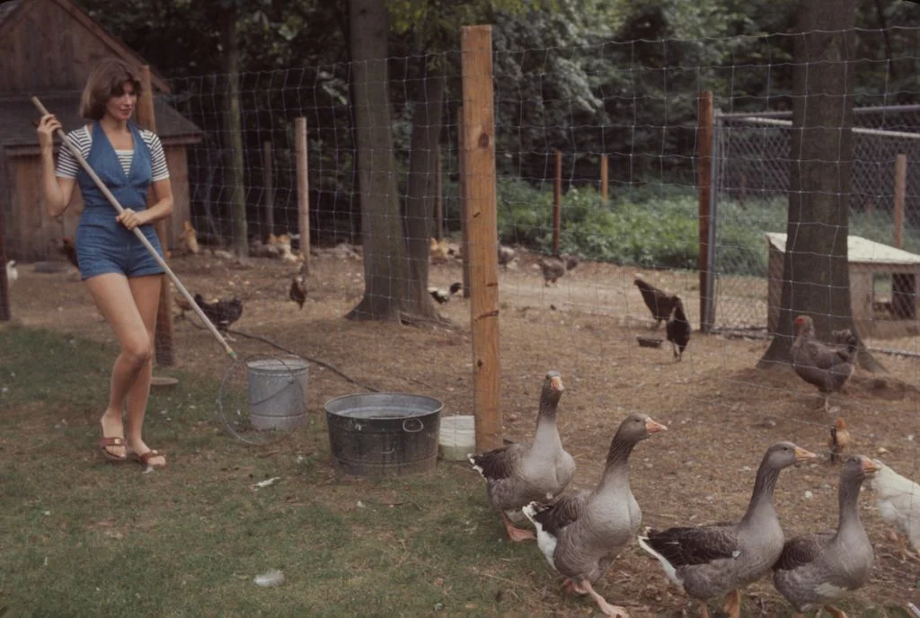 Martha Stewart herding geese on her farm with a net attached to a pole