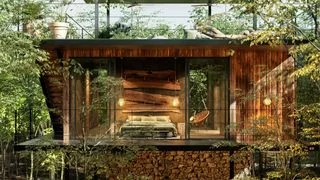 Image may contain Indoors Interior Design Wood Architecture Building Housing Bed Furniture House and Cabin