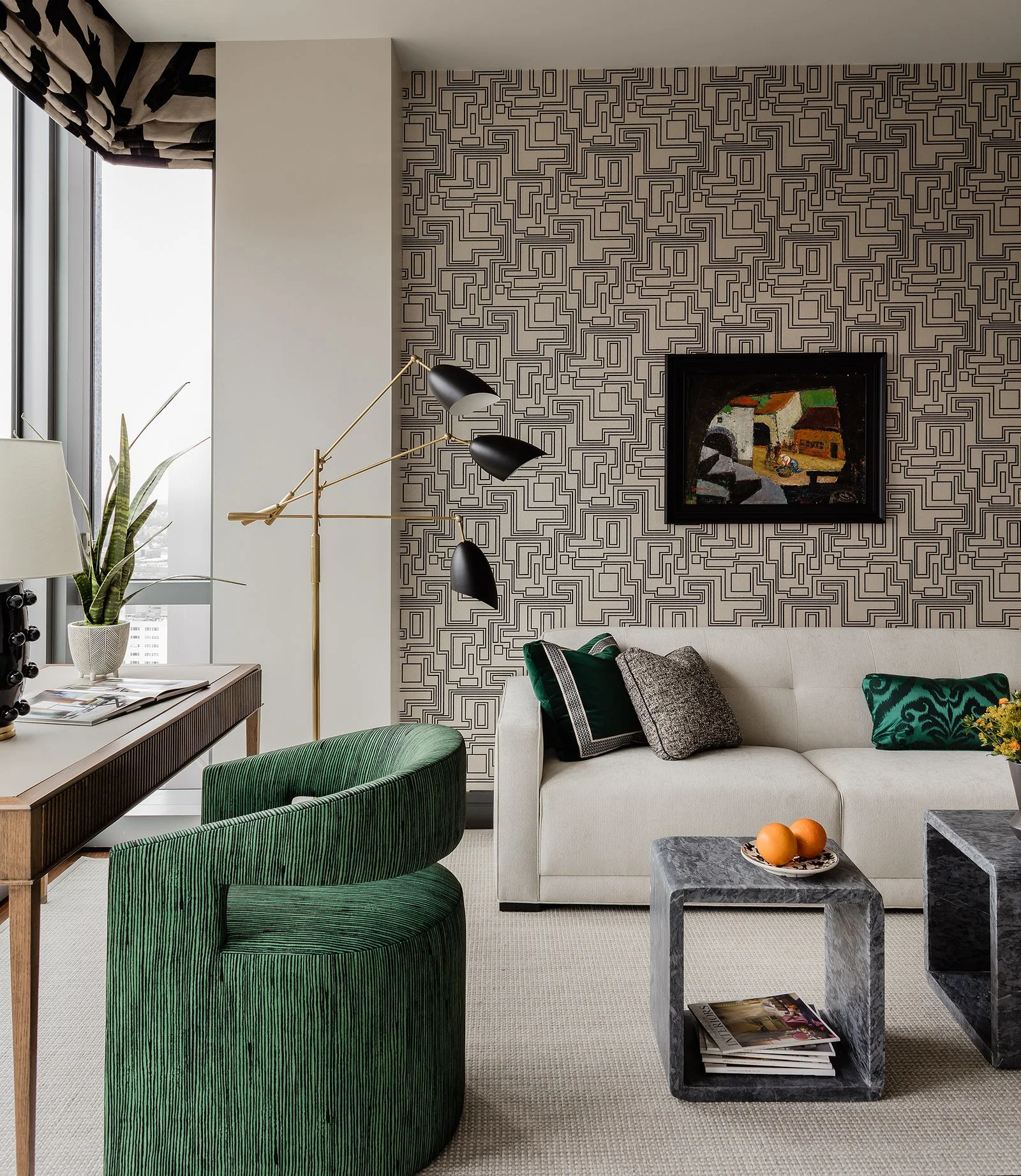 Daher Interior Design envisioned a glam home office in condo at Four Seasons One Dalton incorporating upholstered pieces...