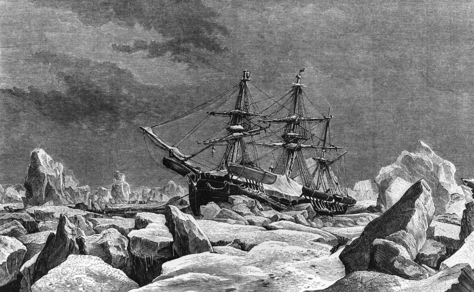 Drawing of a ship trapped in ice and rocks in the arctic