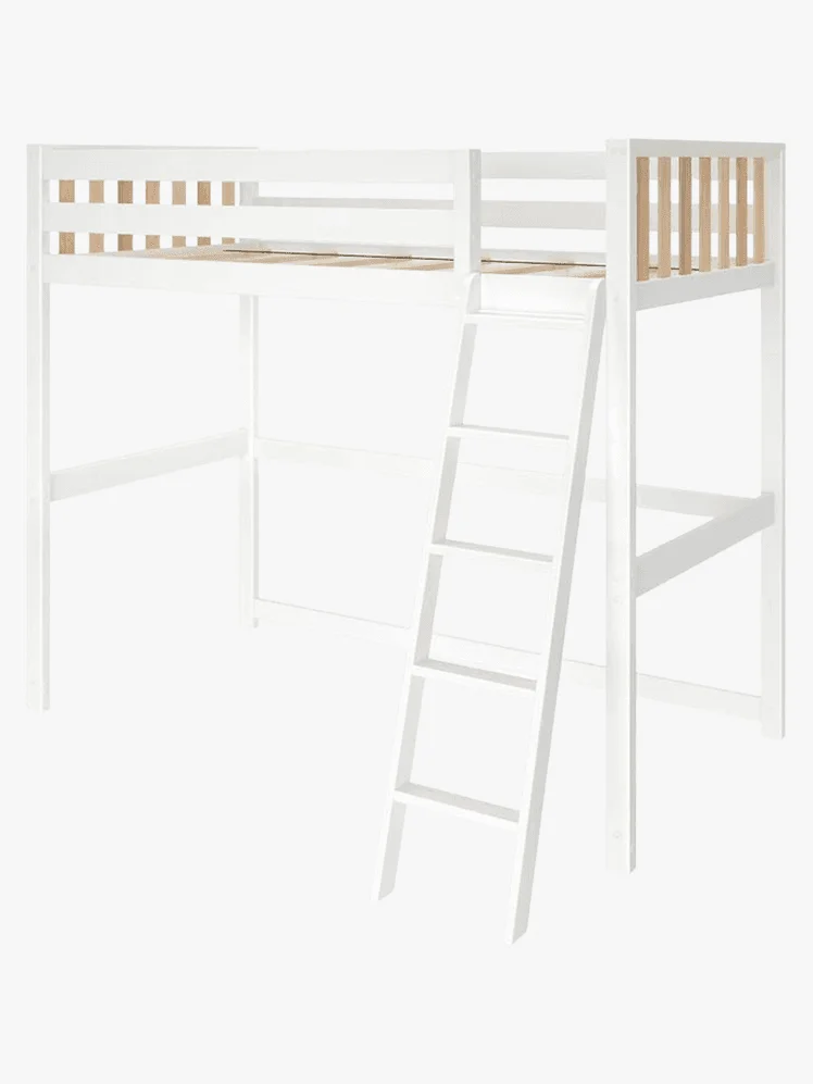 White wooden lofted bed with ladder