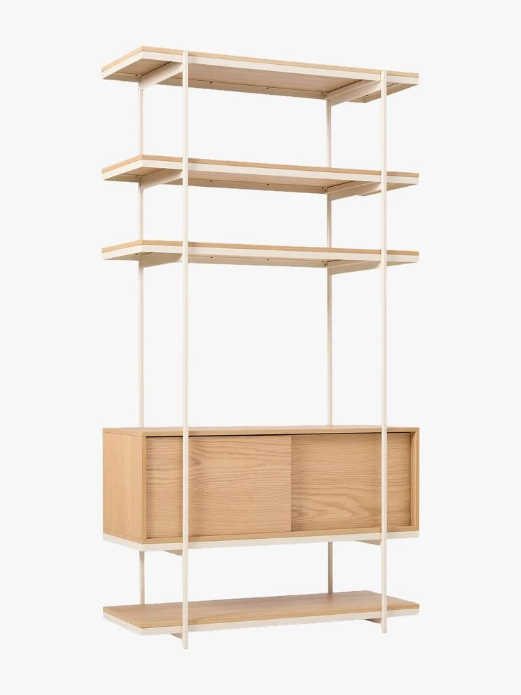 Wood and metal shelving unit with 5 tiers and one sliding door cabinet.