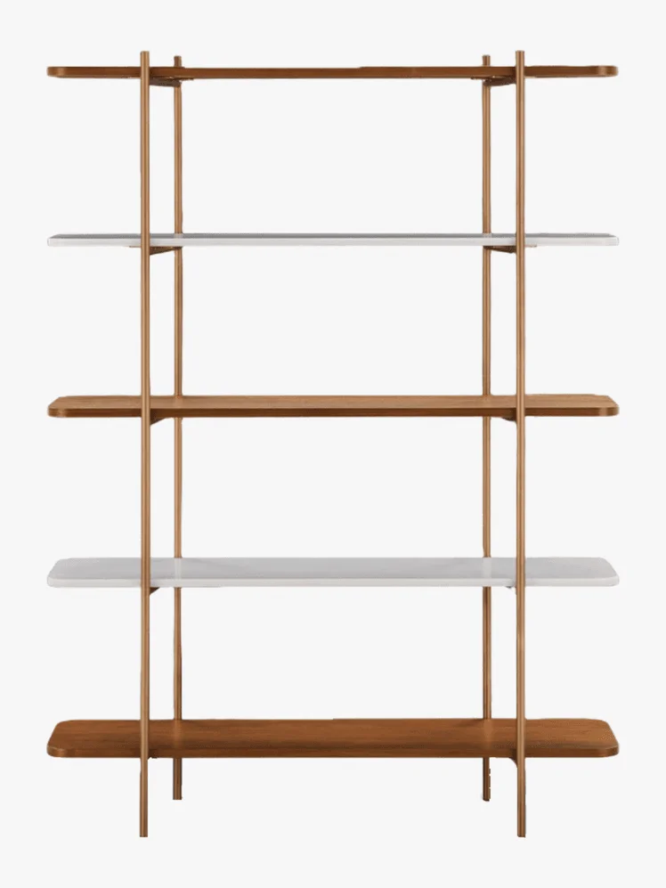5-tier bookshelf with alternating wood and marble shelves and a gold metal frame.