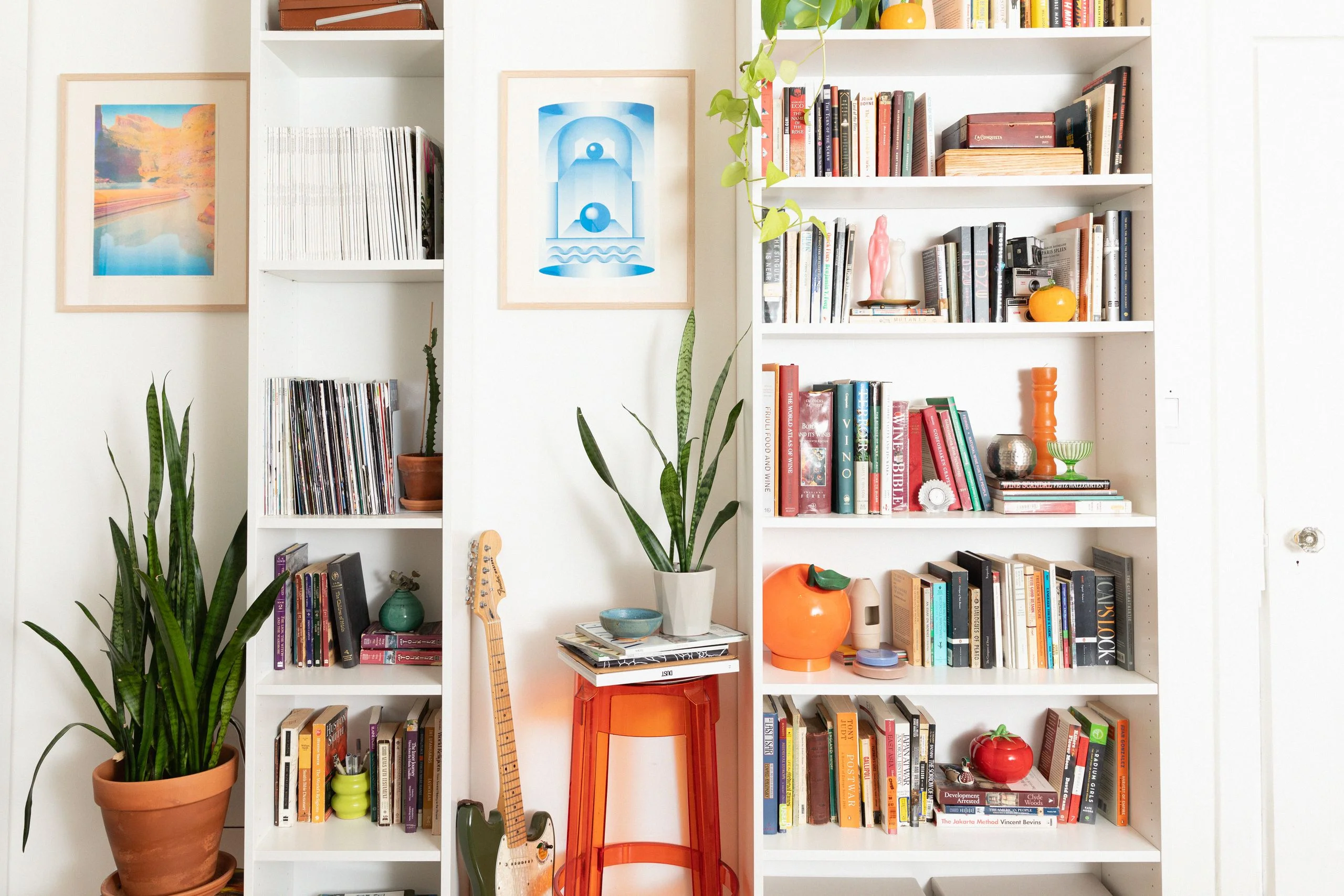 Two white IKEA bookshelves in a living room one narrow and one wide styled with various books and knick knacks.