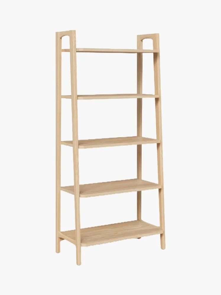 5-tier white oak bookshelf with angled frame.