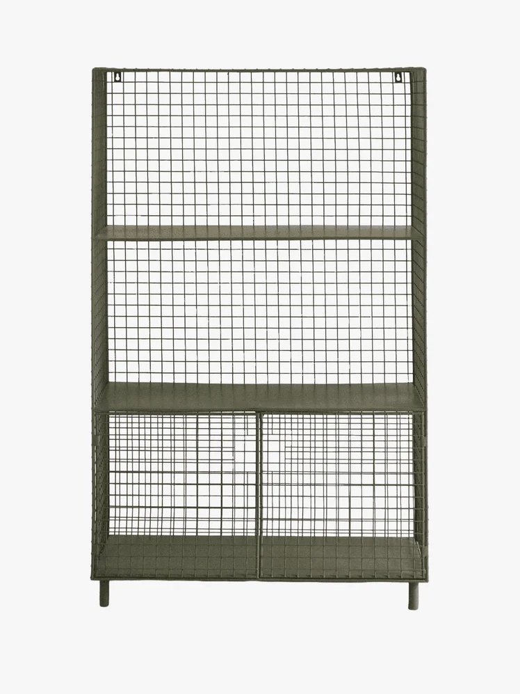 Metal bookshelf with square metal fence-like lining