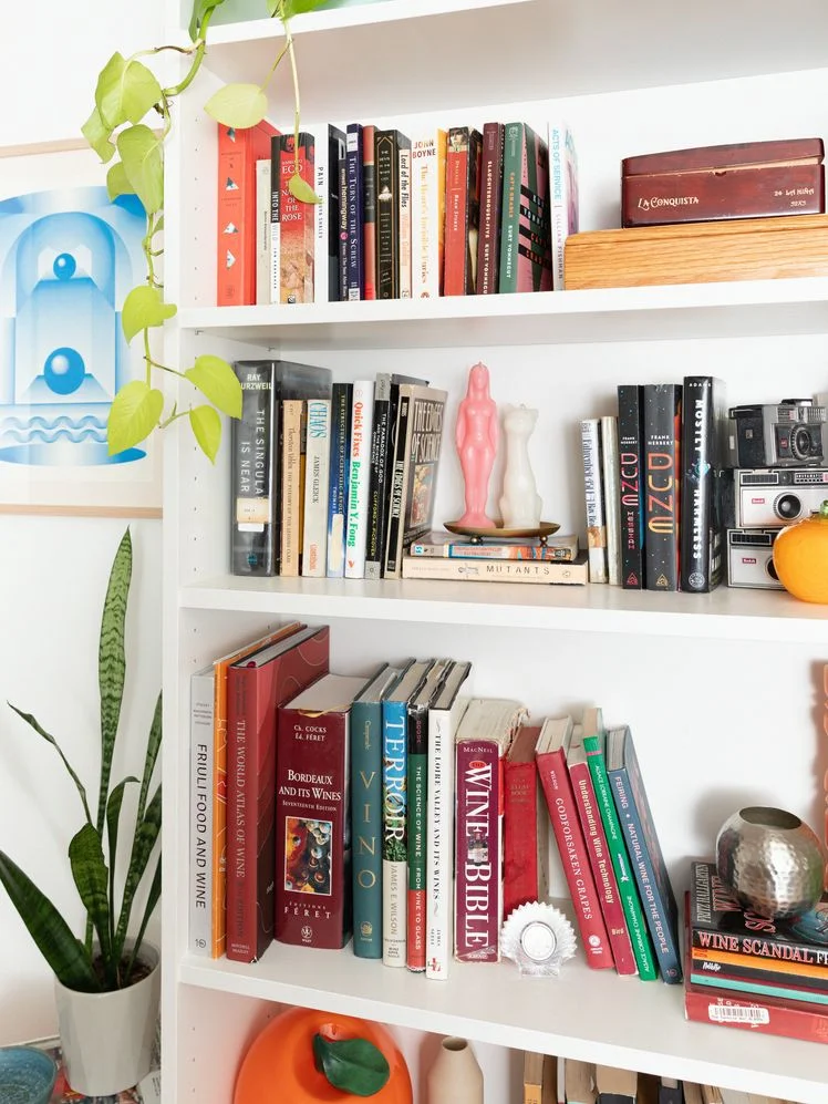 Closeup of a white IKEA bookshelf in a living room, styled with various books, plants, and knick knacks.
