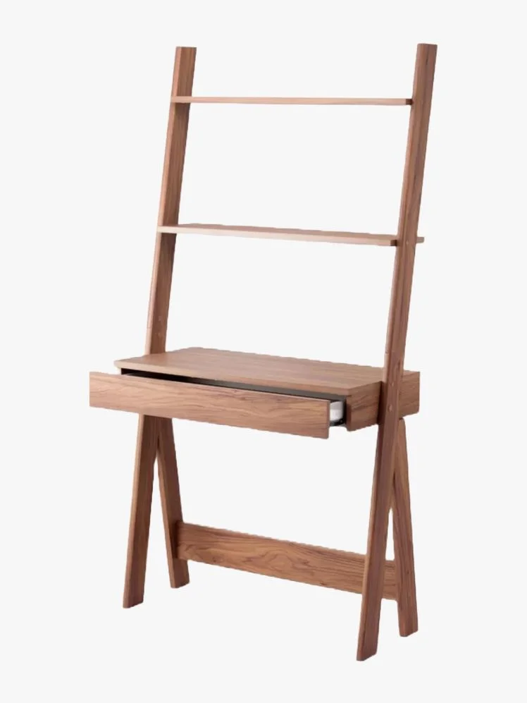 Wooden desk with a 2-tier ladder shelf attached to the top.