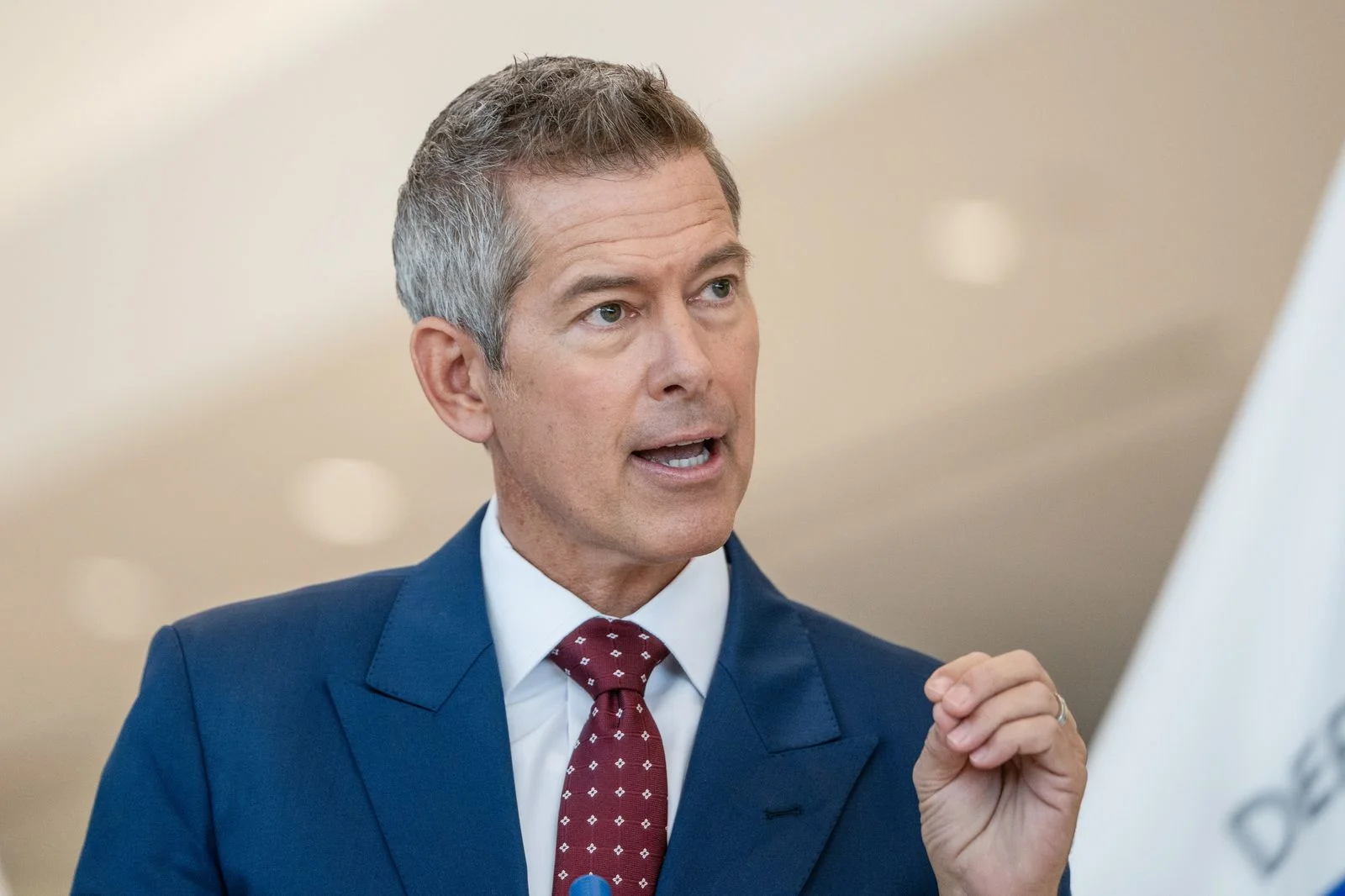 Sean Duffy US secretary of transportation during a news conference in Terminal A at Newark Liberty International Airport