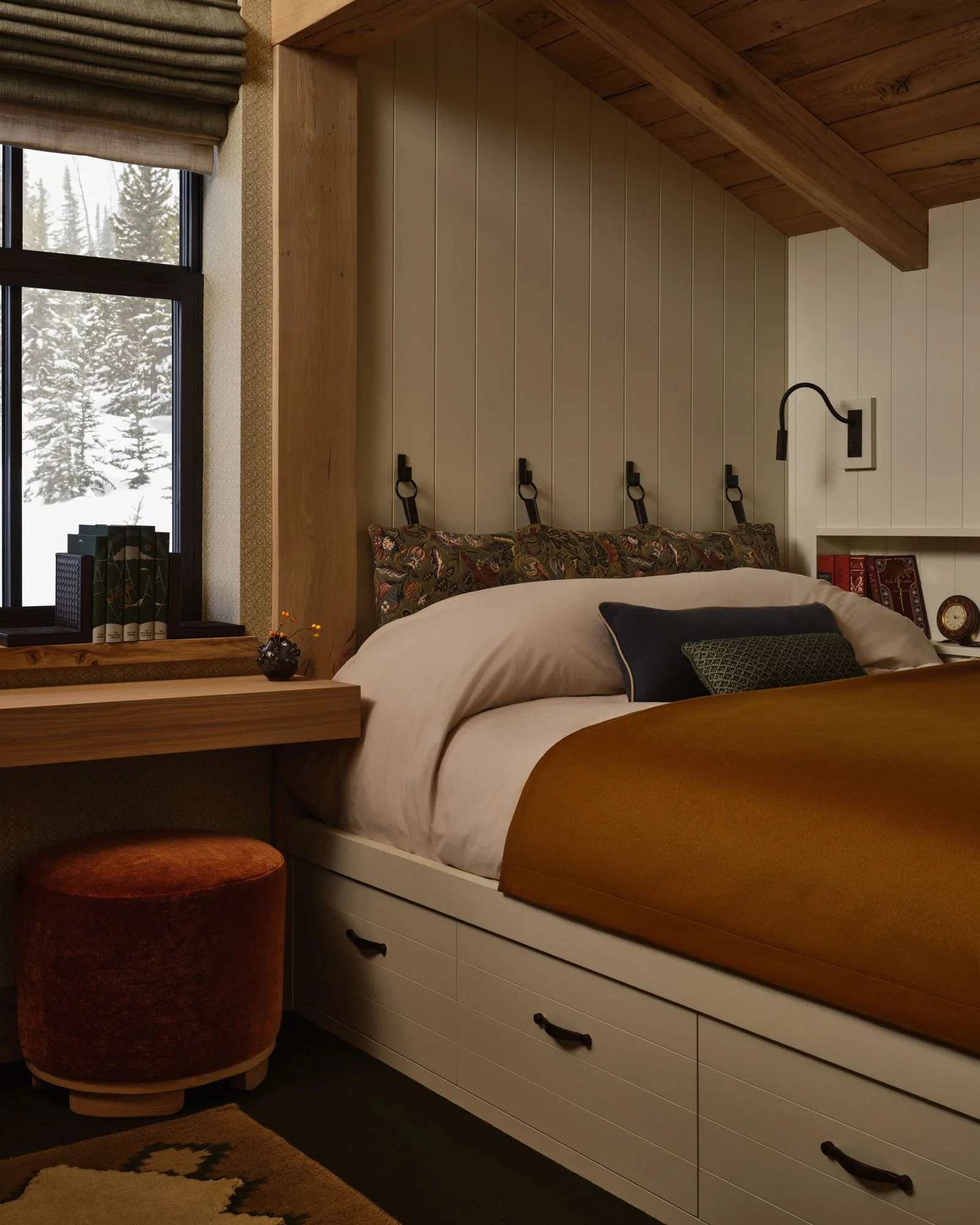 Image may contain Indoors Interior Design Furniture Bed Home Decor Cushion Bedroom Room and Wood