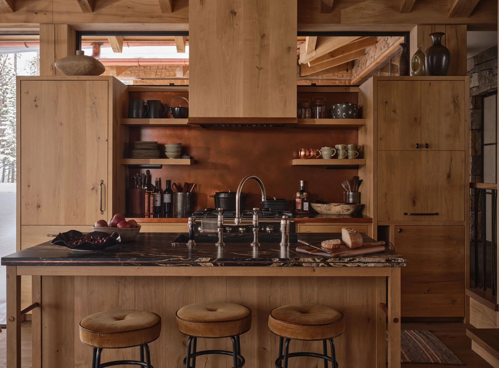 Image may contain Indoors Interior Design Kitchen Furniture Cup Sink Sink Faucet Hardwood Stained Wood and Wood