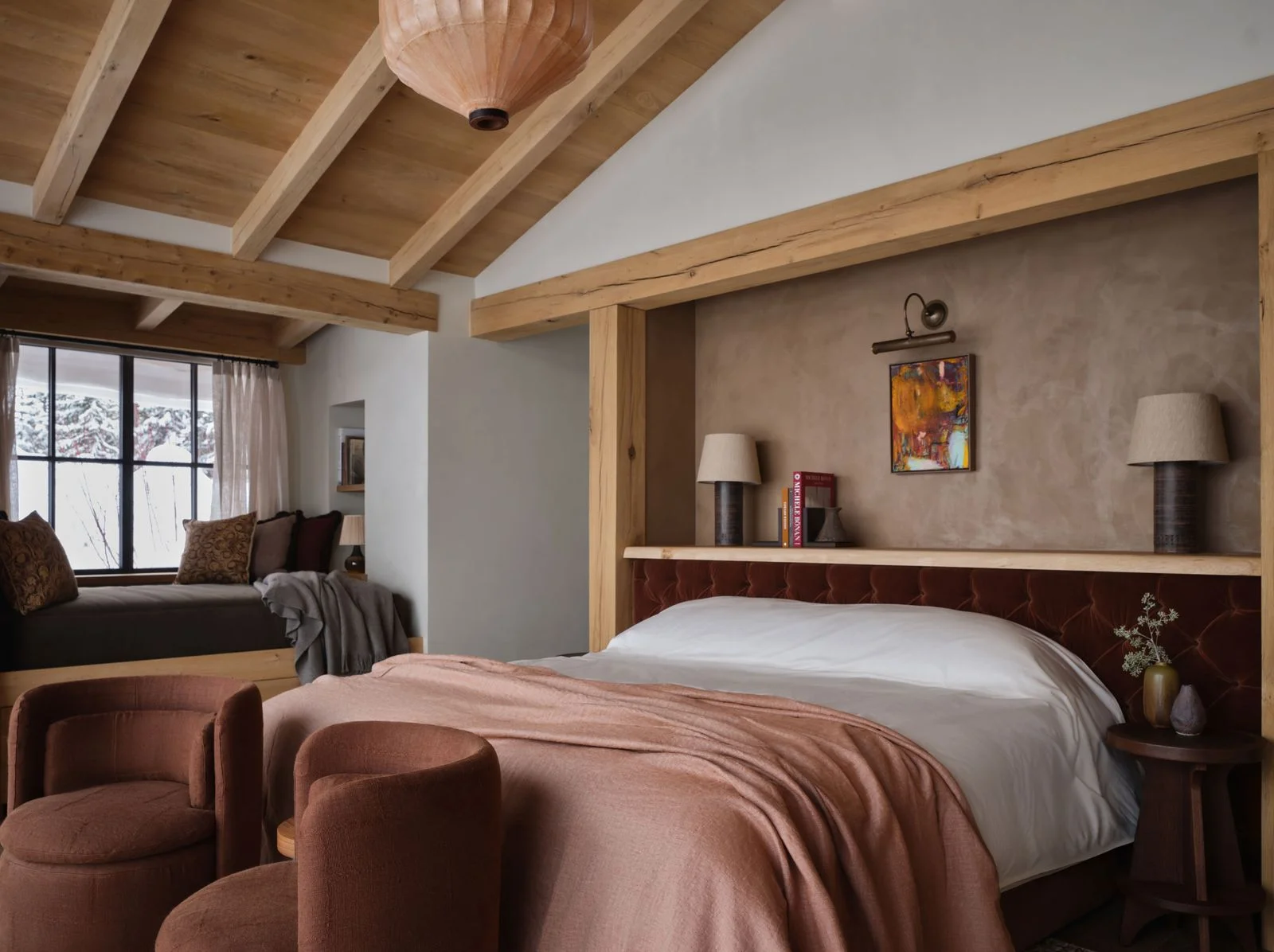 Image may contain Indoors Interior Design Wood Bed Furniture Lamp Bedroom Room Architecture Building and Housing