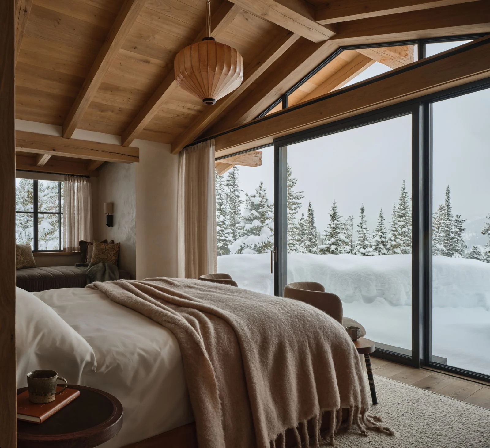 Image may contain Indoors Interior Design Hardwood Stained Wood Wood Bed Furniture and Lamp