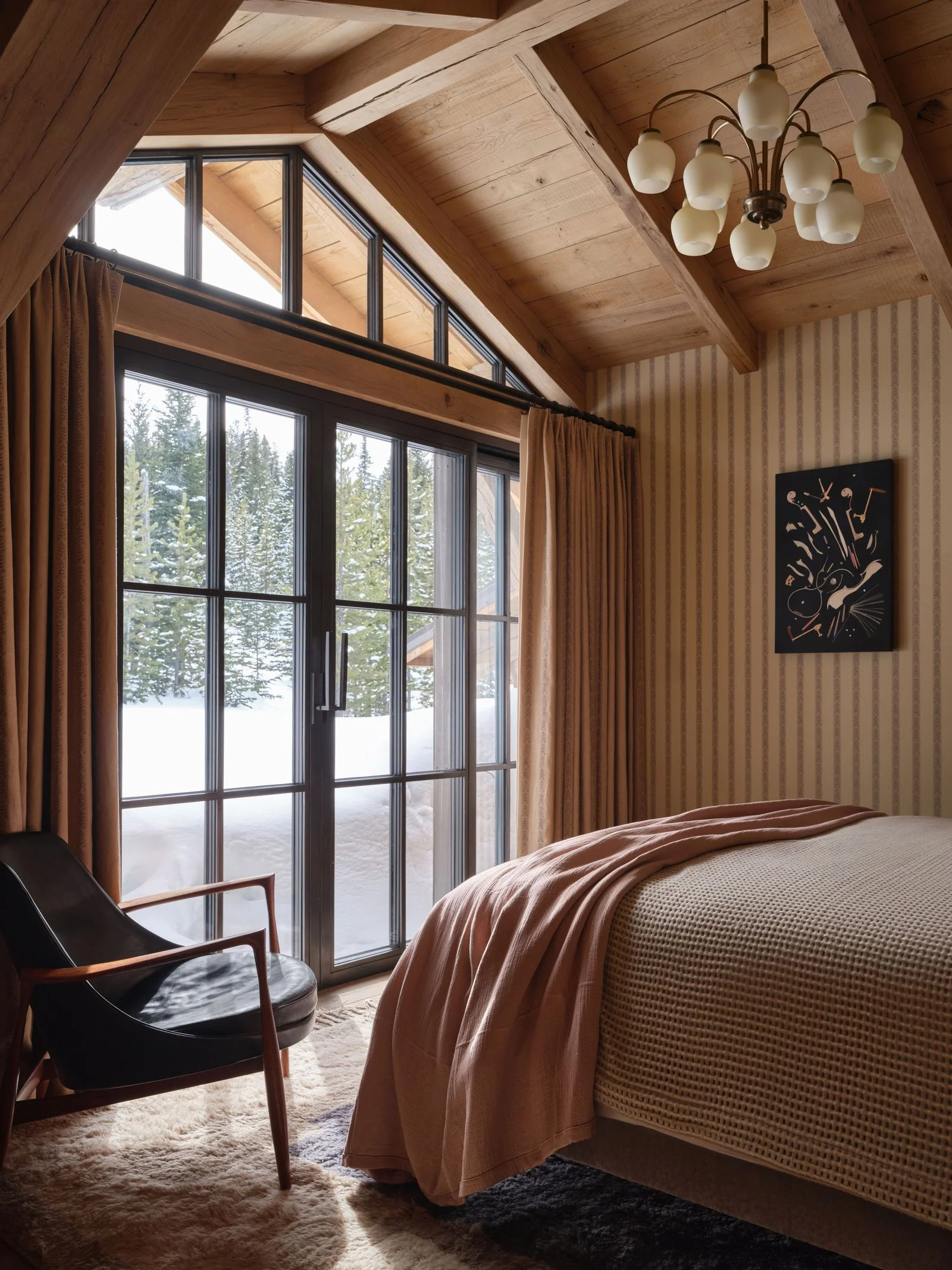 Image may contain Indoors Interior Design Bed Furniture Chair Door Hardwood Stained Wood Wood and Lamp