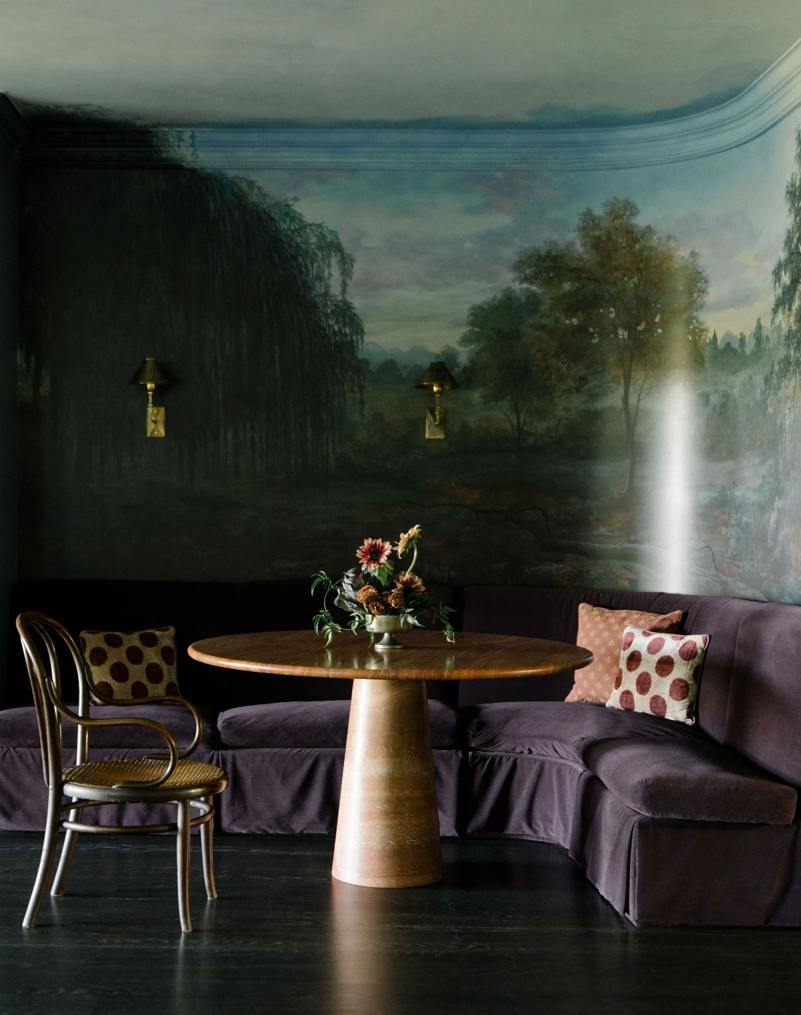 Image may contain Art Painting Furniture Table Dining Table Chair Couch Architecture Building and Dining Room