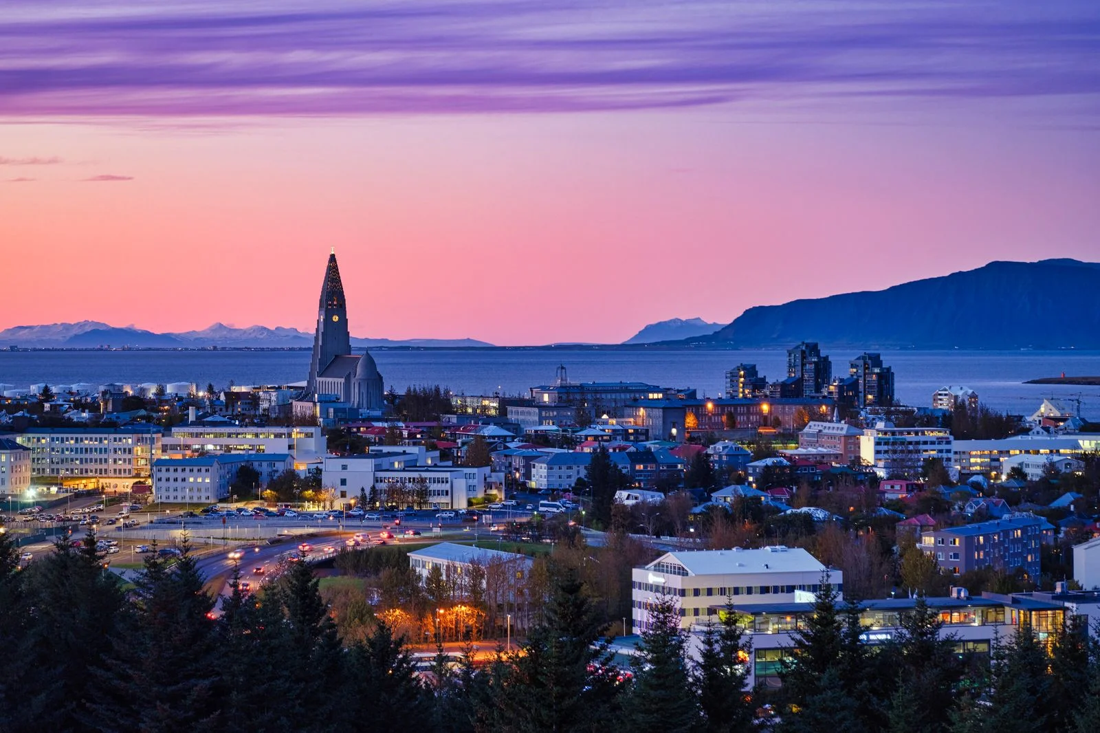 Cityscape with Coastline at night Reykjavik Capital Region Iceland