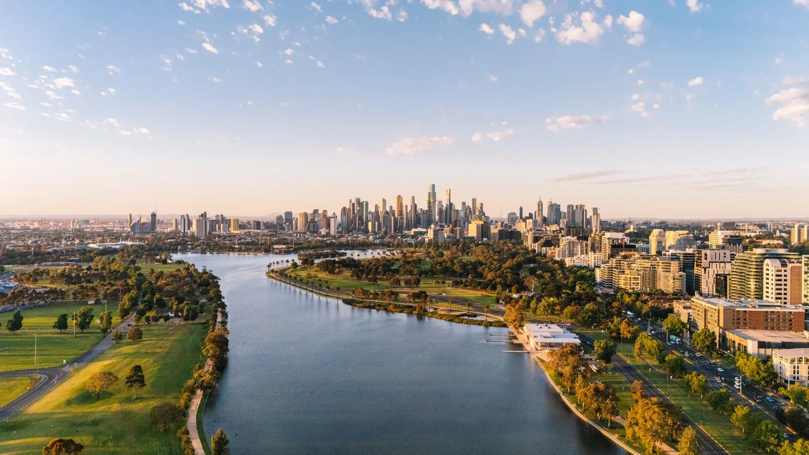 An aerialdrone cityscape view of Melbourne Australia