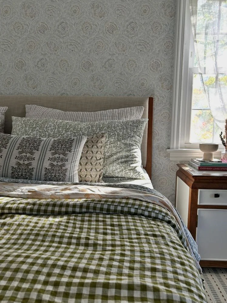 Close up of Green gingham patterned bedding.
