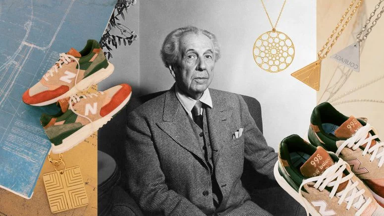 collage featuring frank lloyd wright with sneakers and jewlery 