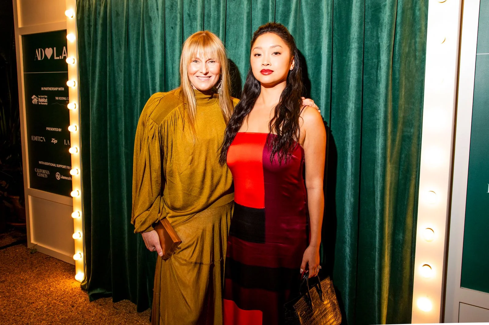 Image may contain Lana Condor Person Photobombing Adult Accessories Bag Handbag Clothing Dress Face and Head