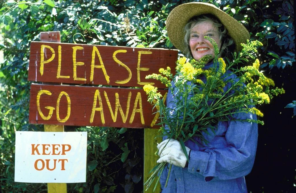 Katharine Hepburn in blue shirt white gloves holding yellow flowers standing to right of sign that reads PLEASE GO AWAY...