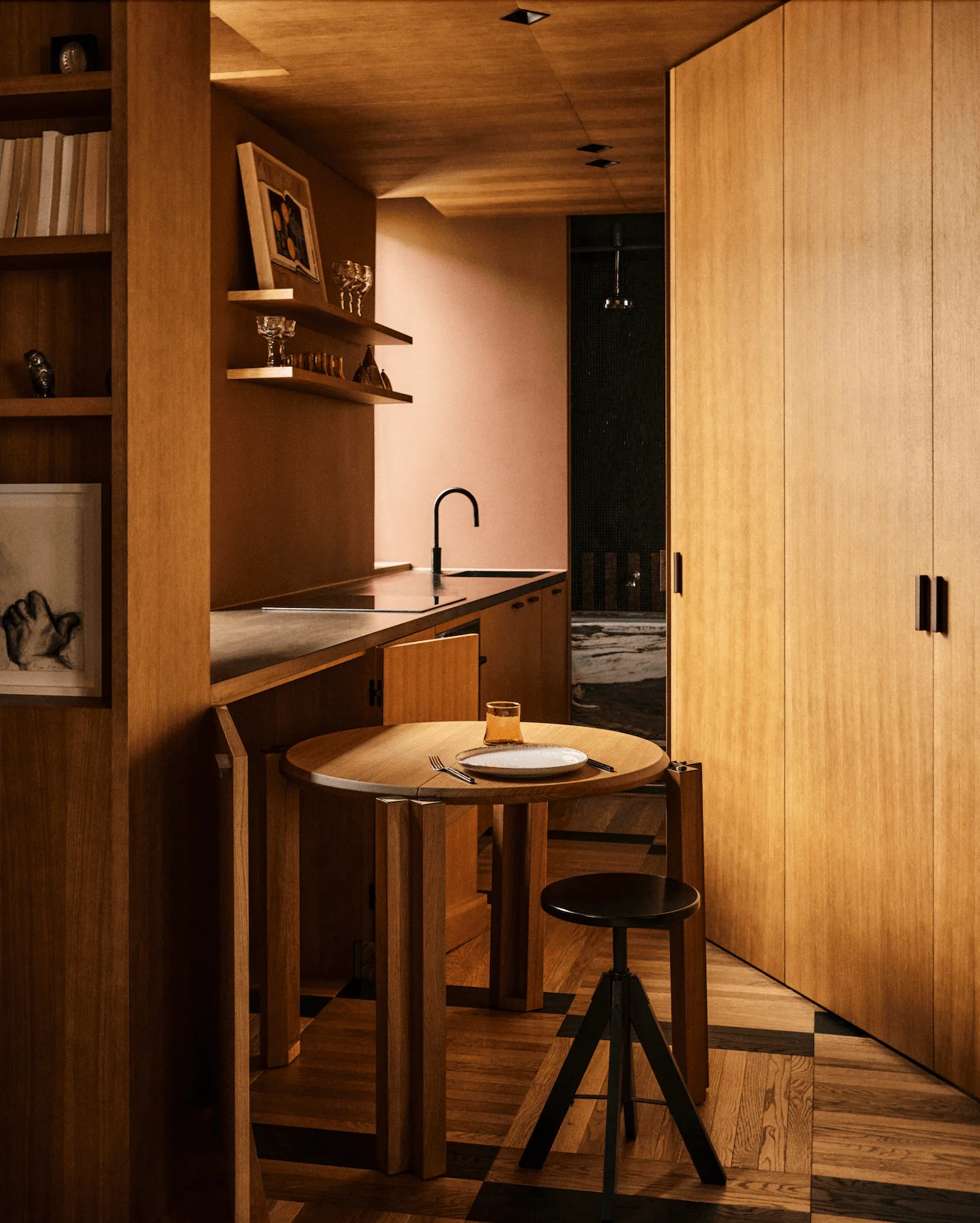 Image may contain Indoors Interior Design Wood Plywood Hardwood Furniture Bar Stool Chair Closet and Cupboard