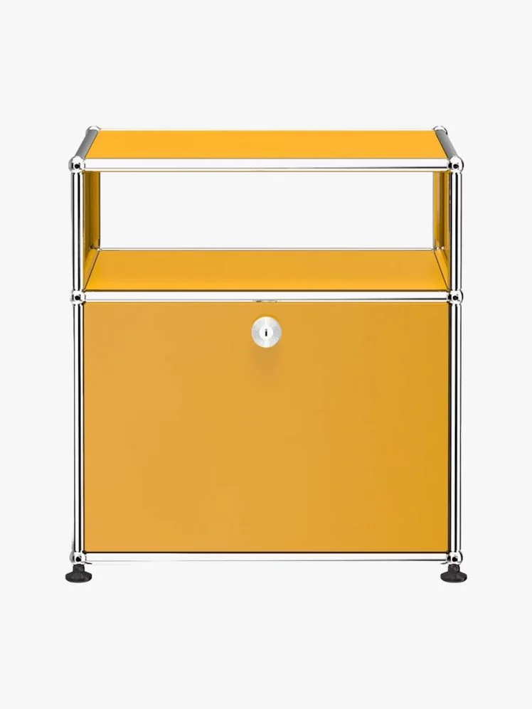 Yellow and silver bedside table with one open shelf and a bottom drawer.